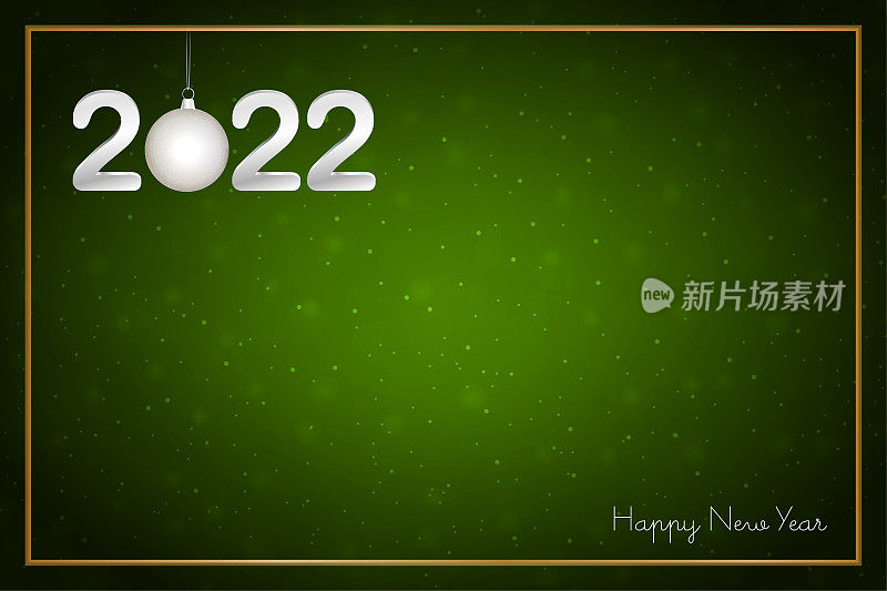 银色金属白色三维或三维文本2022和Happy New Year在暗明亮的绿色水平节日发光闪闪的模糊矢量背景挂圣诞小饰物和金色边框